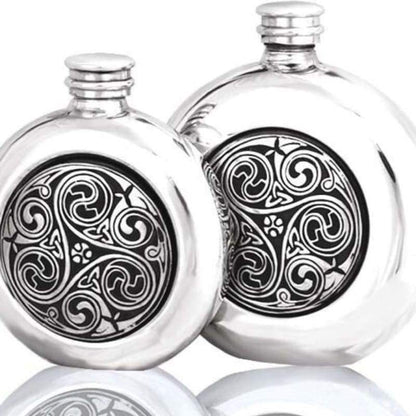 6oz Classic Round Pewter Flask With Kells Design - 6oz