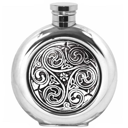 6oz Classic Round Pewter Flask With Kells Design - 6oz