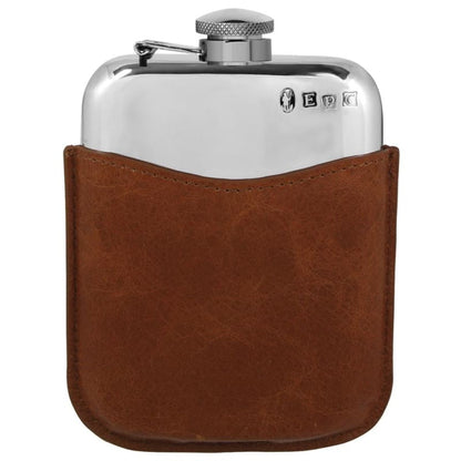 6oz Pewter Flask With Tan Leather Pouch - with captive top