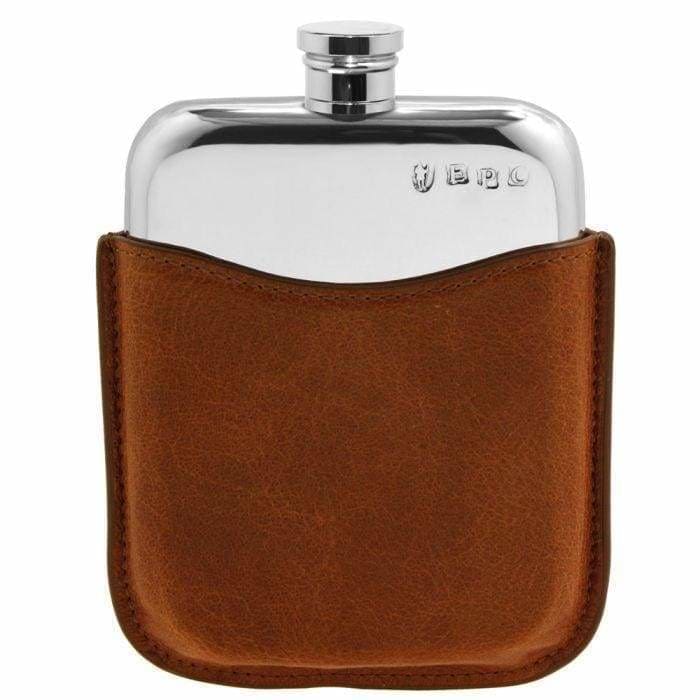 6oz Pewter Flask With Tan Leather Pouch - without captive 