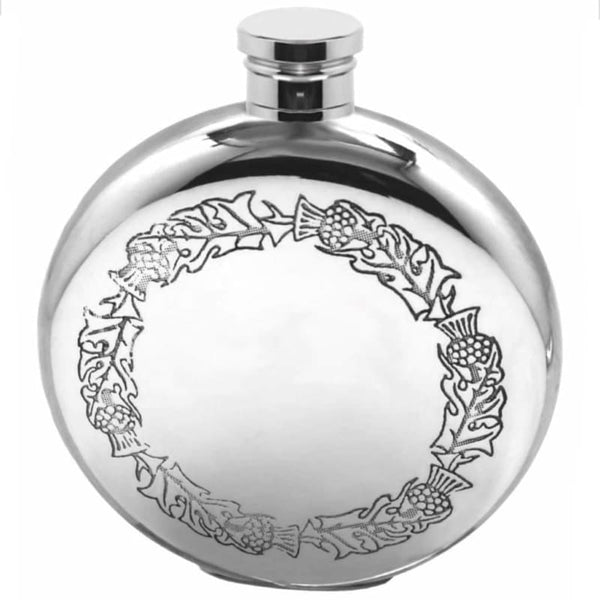 6oz Round Pewter Flask With Thistle Ring Design