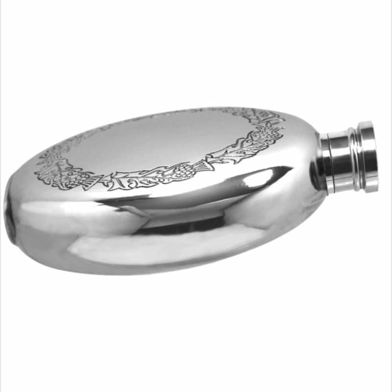6oz Round Pewter Flask With Thistle Ring Design